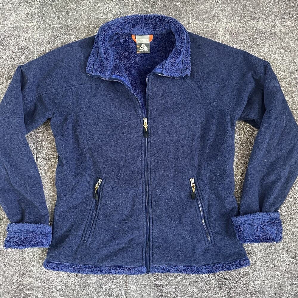 Women's Nike ACG Heather Blue Fuzzy Fleece Lined Full Zip Up Bomber Jacket Sz M